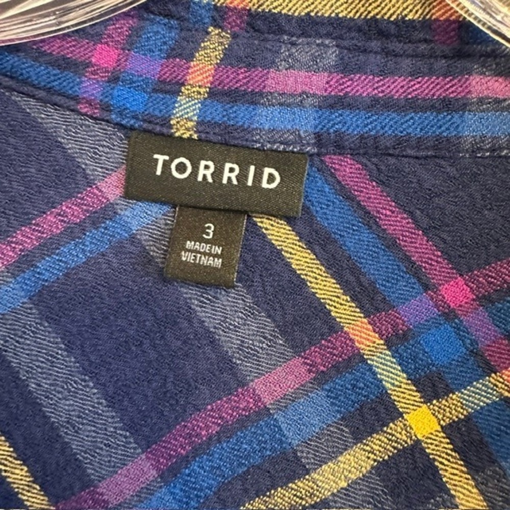 Torrid Navy Blue Plaid Crinkle Gauze‎ Button Back Tunic Long Sleeve Blouse 3X - Picture 4 of 8